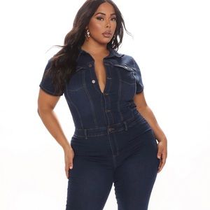 Fashion Nova Women Denim Jumpsuit 2x Coverall Romper Short Sleeve Zipper/Buttons